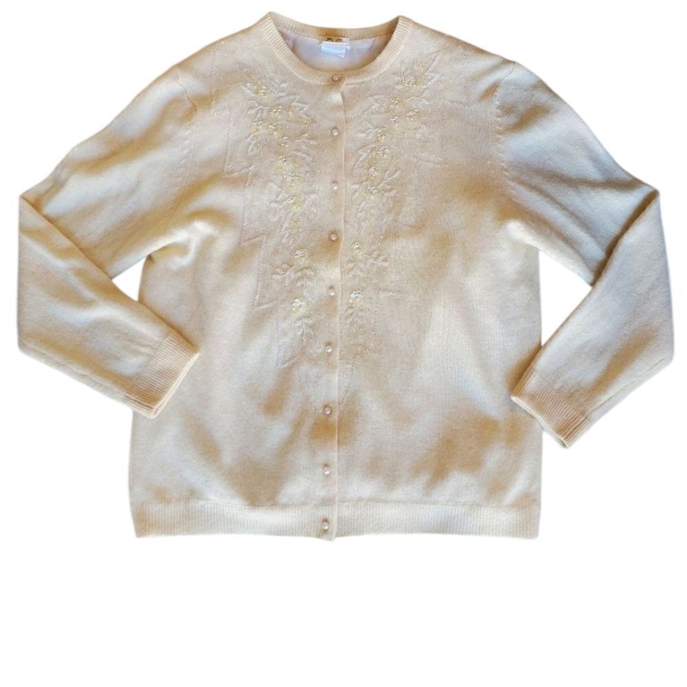 Vtg EVE Women's Button Down Cardigan Beaded Lambs Wool Blend Sz M Grandmacore